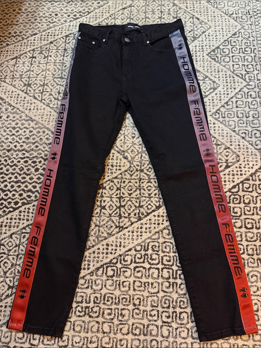Black Skinny Jeans with Red-to-Blue Side Stripe